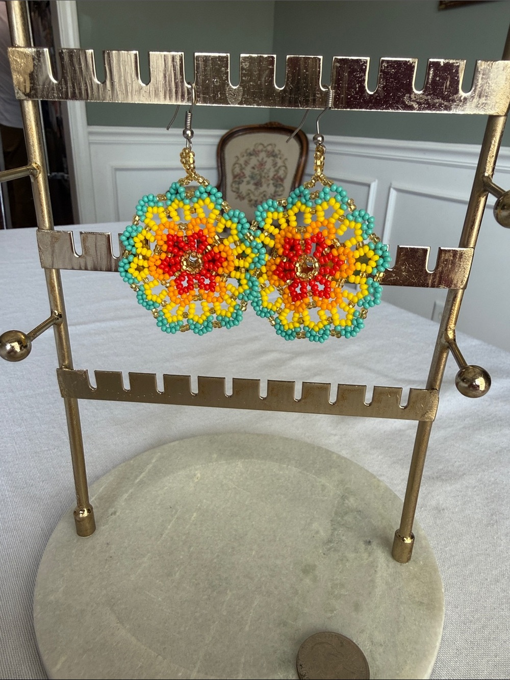 Handmade Turquoise, Yellow & Red Beaded Floral Earrings